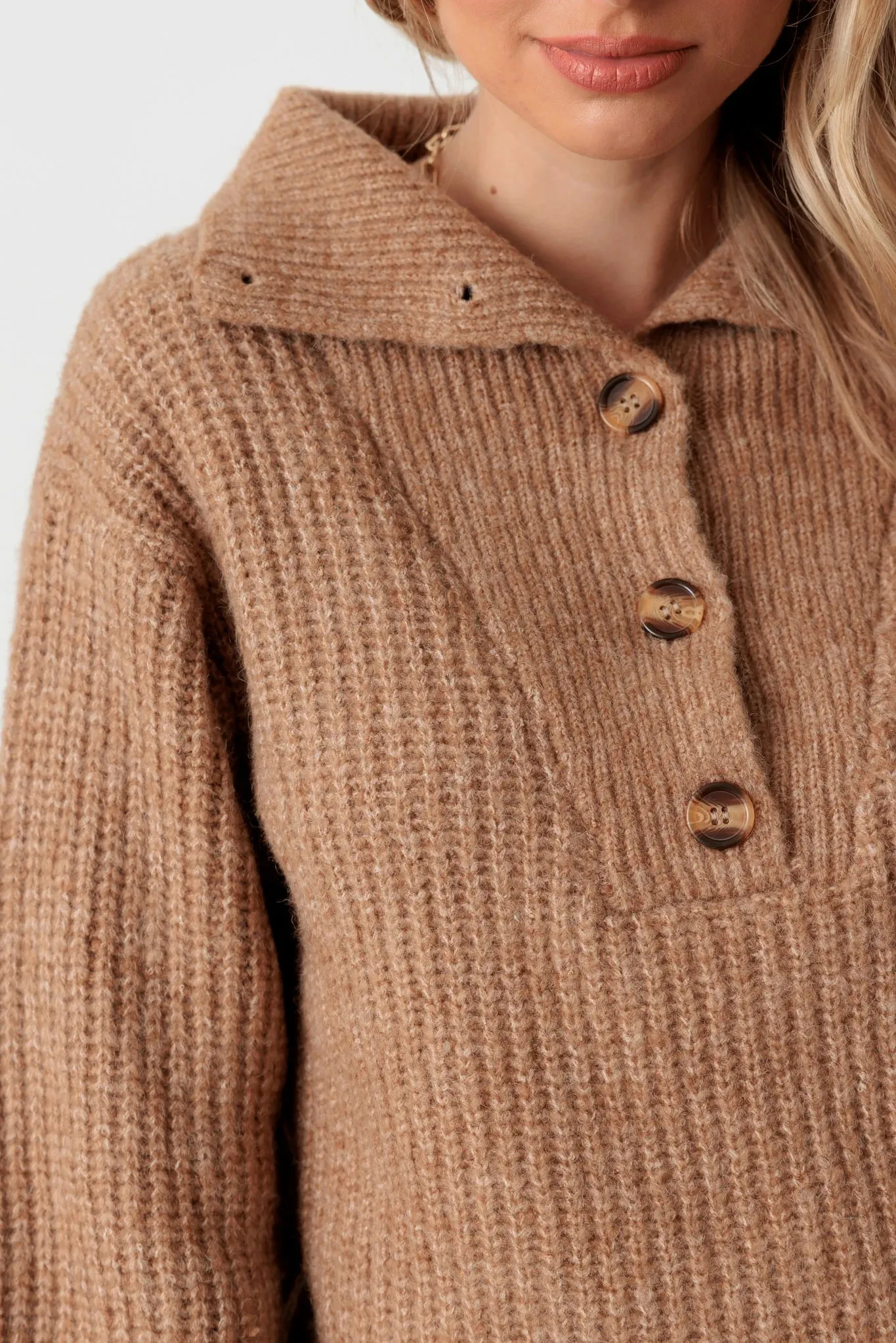 100% Wool Button-Up Neck Pullover Sweater