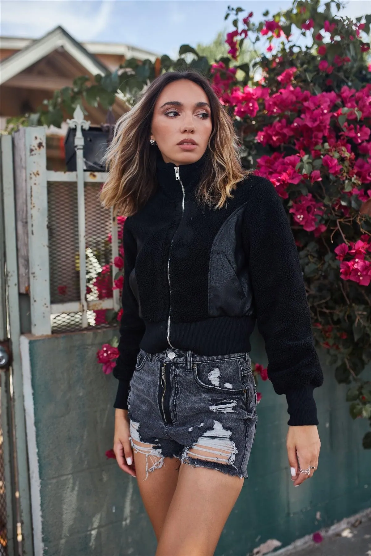 Black High Neck Shearling Vegan Leather Detail Cropped Moto Bomber Jacket