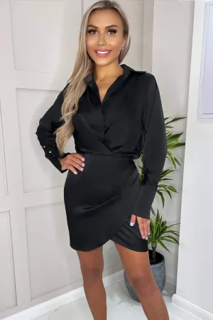 Black Satin Wrap Shirt Dress