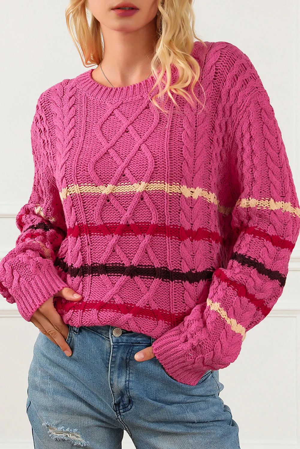 Black Striped Color Block Textured Knit Pullover Sweater