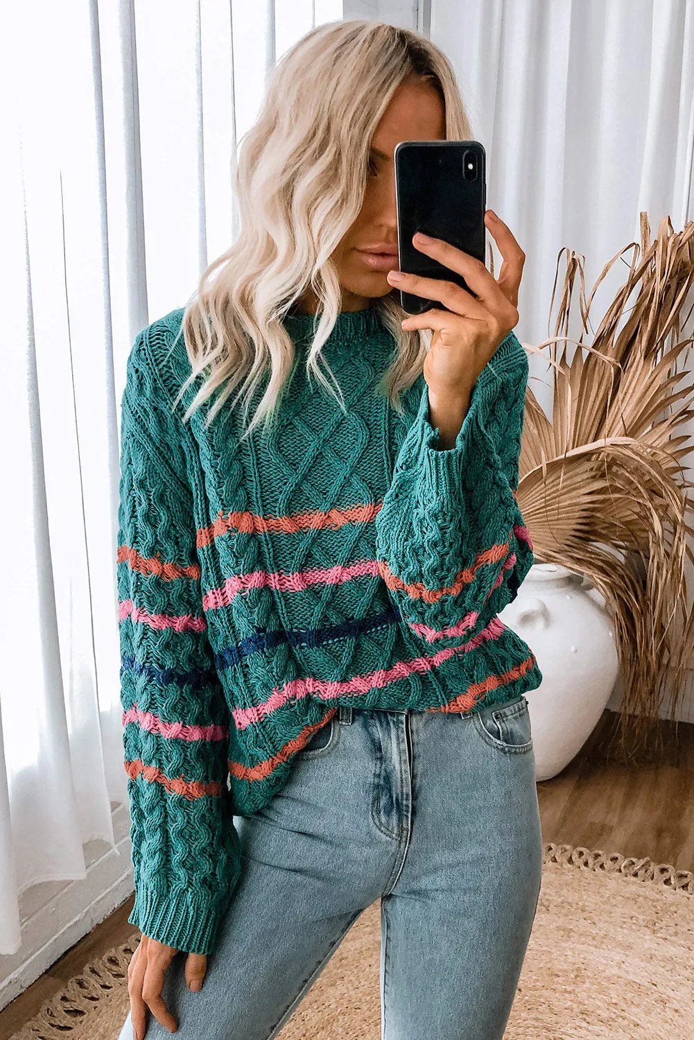 Black Striped Color Block Textured Knit Pullover Sweater