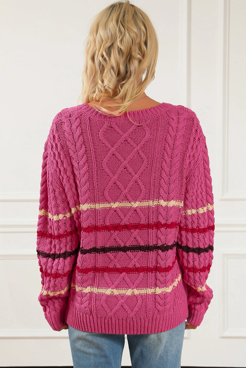 Black Striped Color Block Textured Knit Pullover Sweater