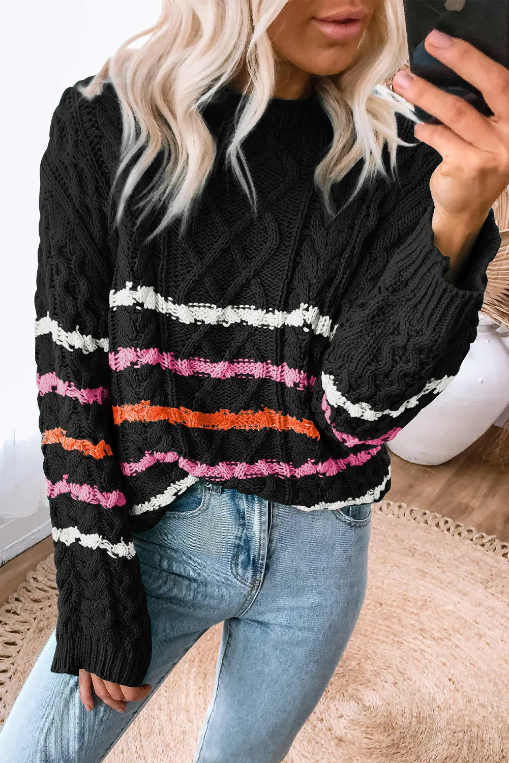 Black Striped Color Block Textured Knit Pullover Sweater