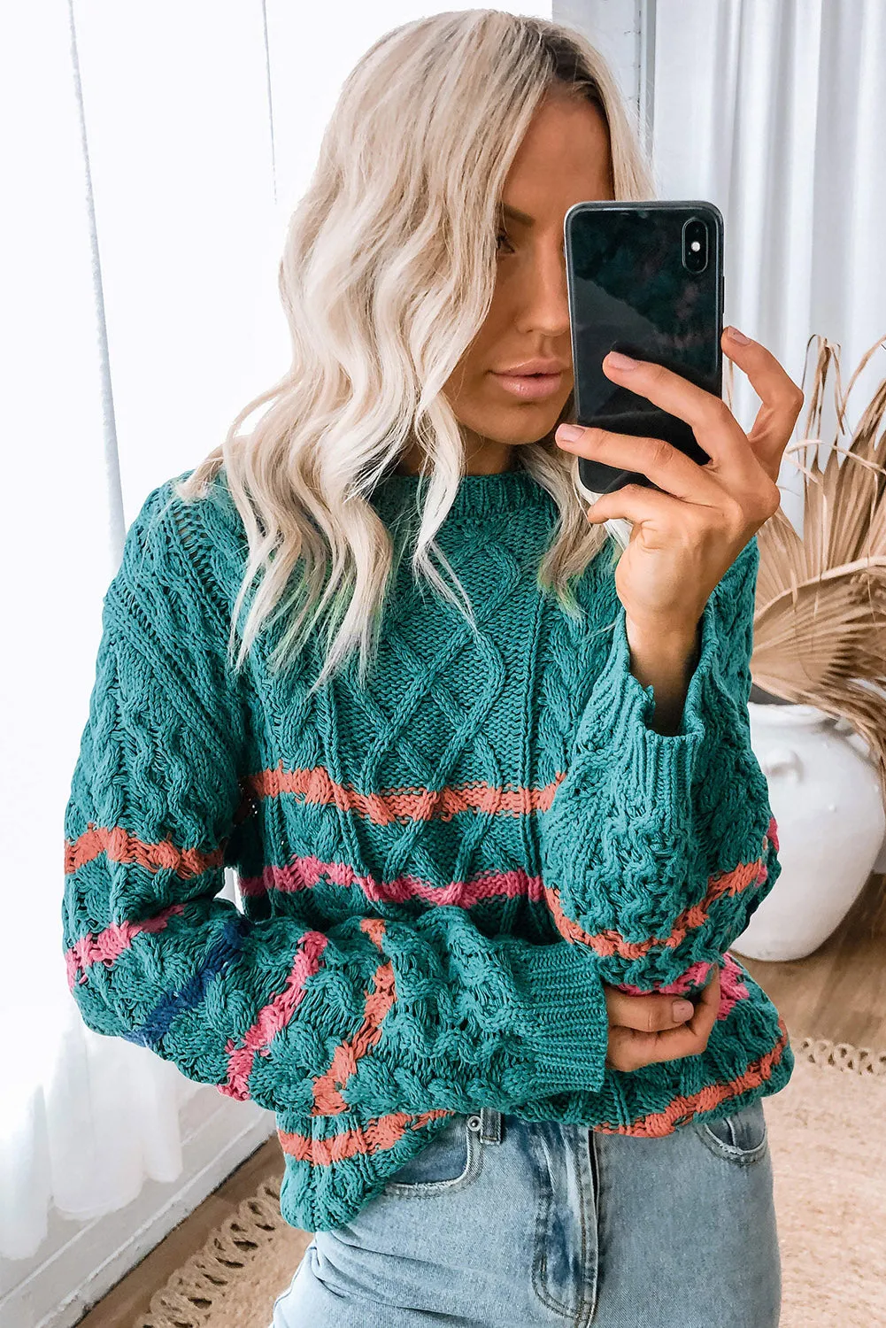 Black Striped Color Block Textured Knit Pullover Sweater