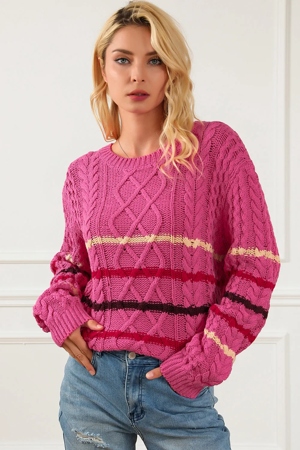 Black Striped Color Block Textured Knit Pullover Sweater