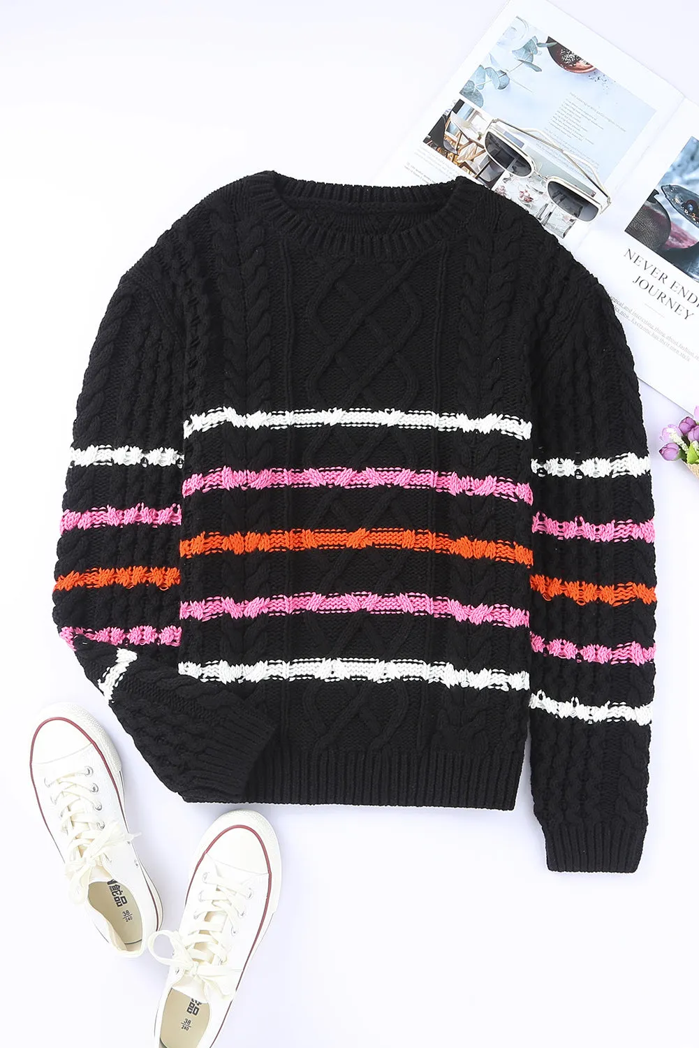 Black Striped Color Block Textured Knit Pullover Sweater