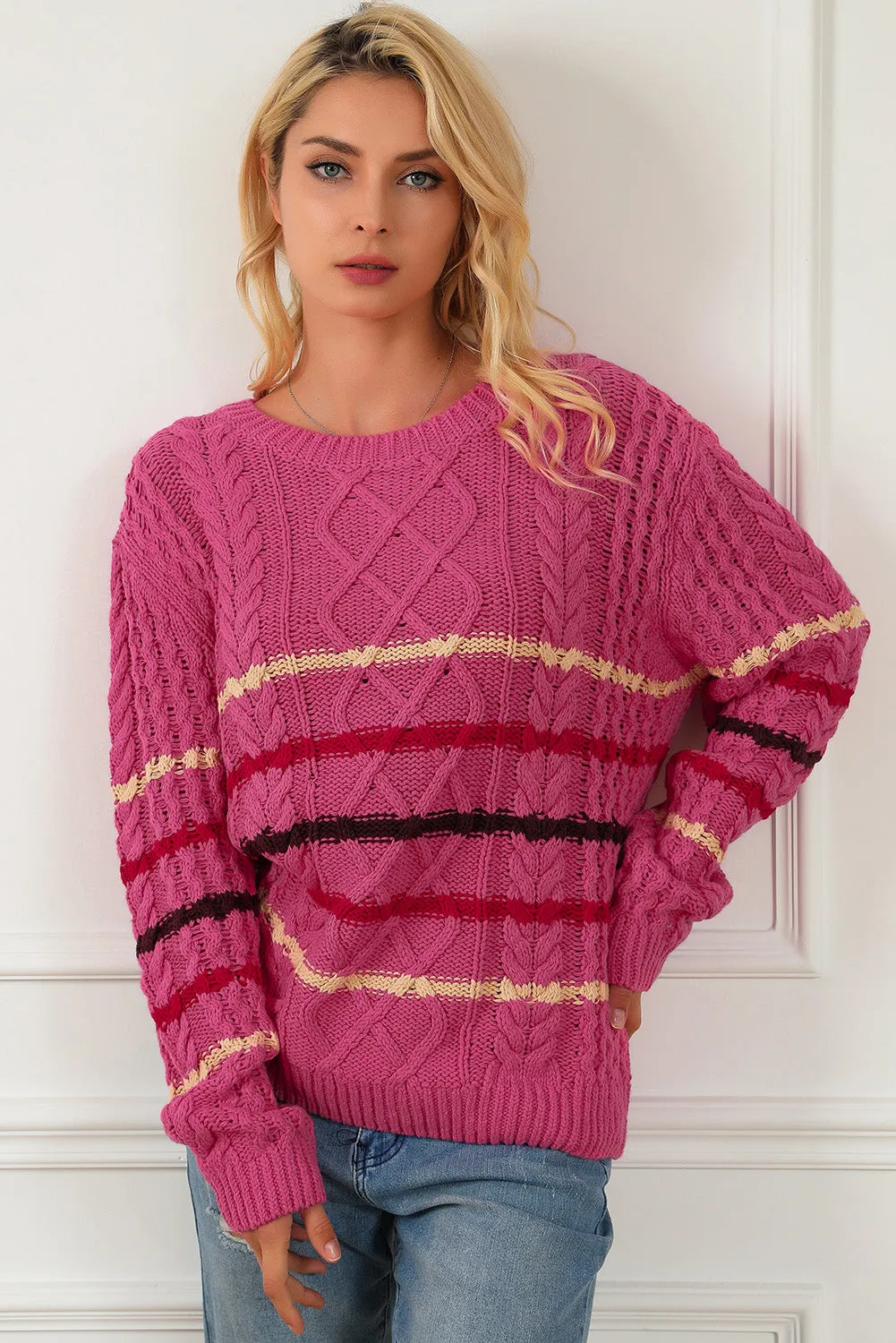 Black Striped Color Block Textured Knit Pullover Sweater