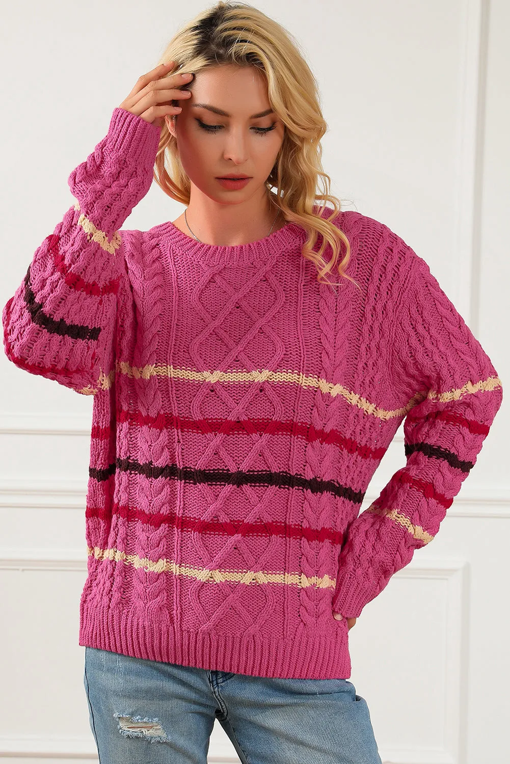 Black Striped Color Block Textured Knit Pullover Sweater