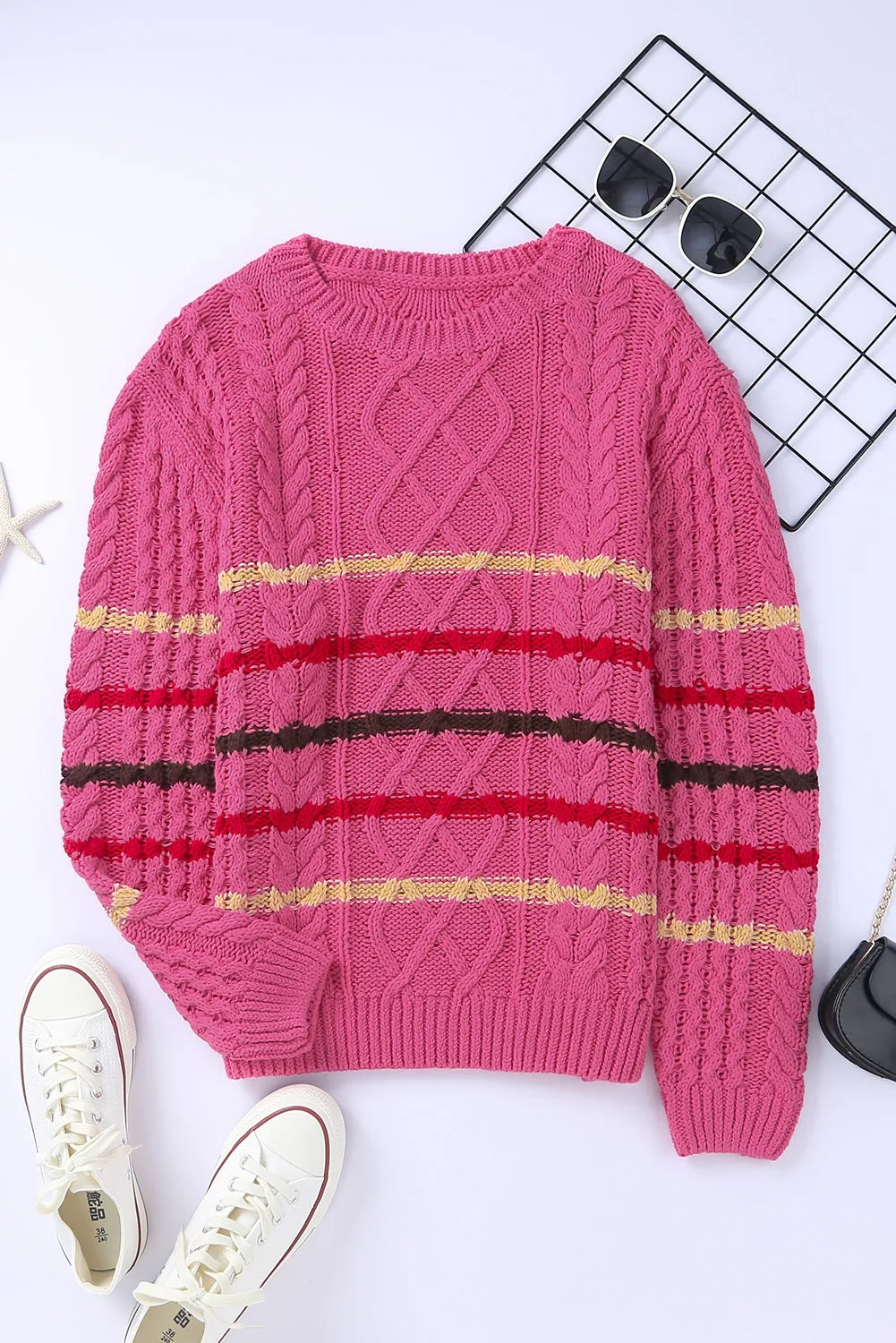 Black Striped Color Block Textured Knit Pullover Sweater