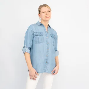 Blue Chambray Soft Linen Rich Long Sleeve Shirt Button-Up Tops