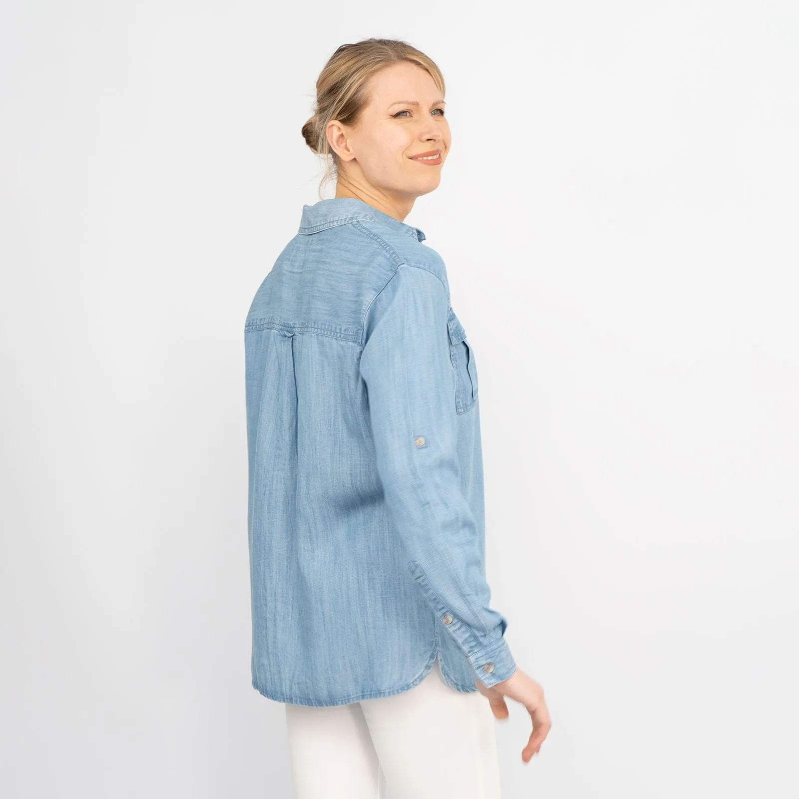 Blue Chambray Soft Linen Rich Long Sleeve Shirt Button-Up Tops