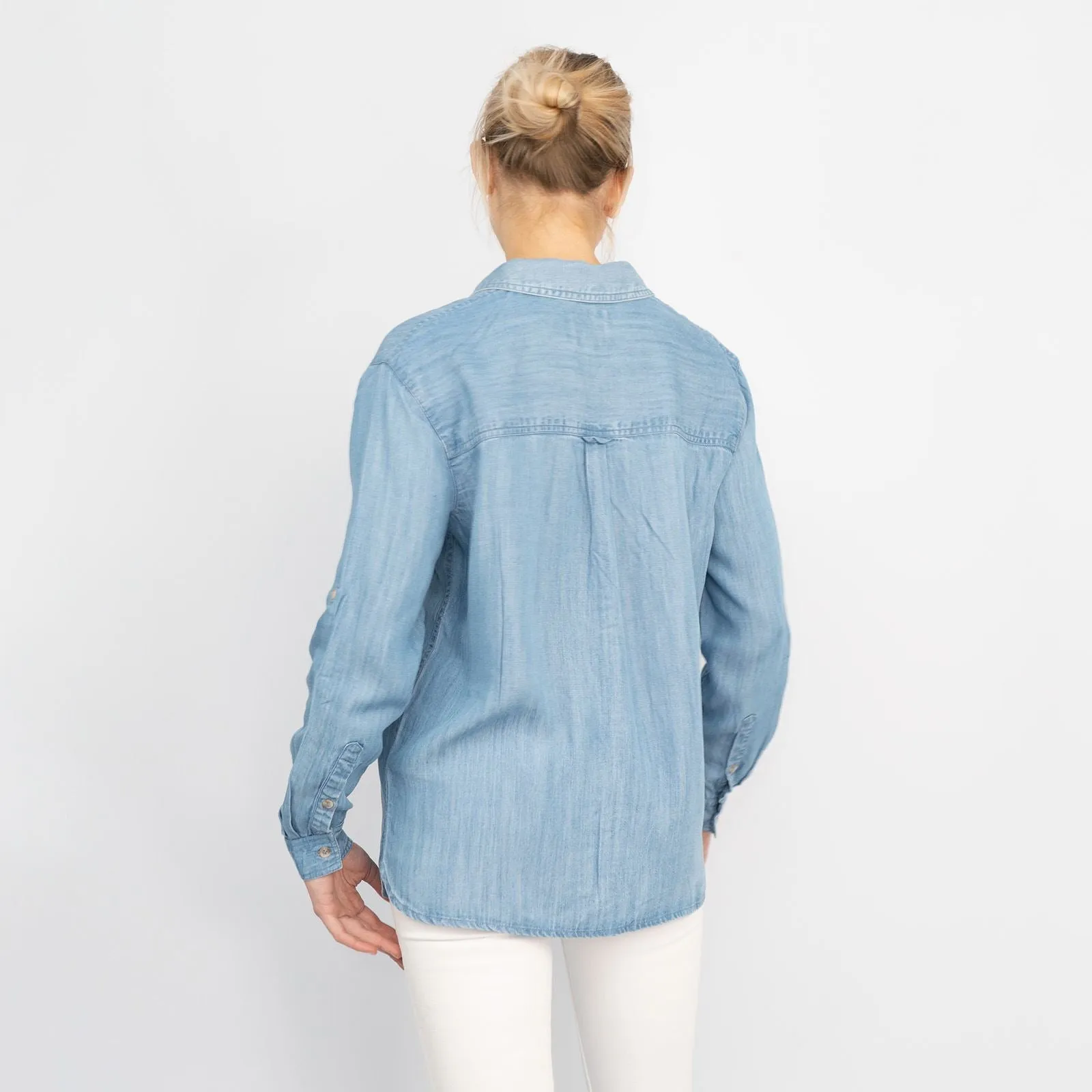 Blue Chambray Soft Linen Rich Long Sleeve Shirt Button-Up Tops