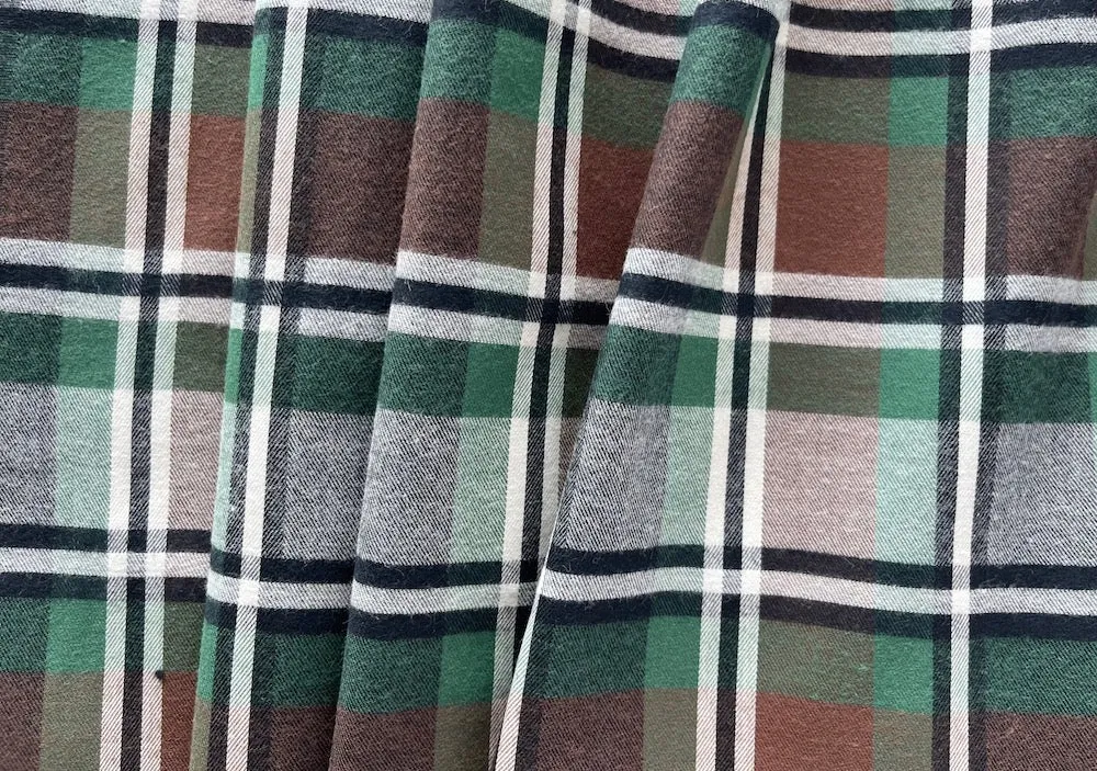 Bold Pine & Chestnut Plaid Cotton Flannel Shirting (Made in Italy)