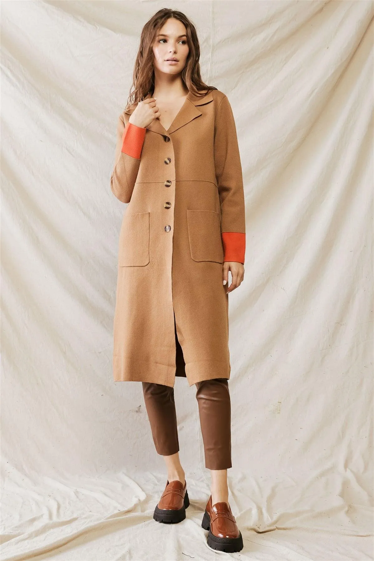 Brown Button Closure Two Pocket Collared Neck Coat /3-2-1