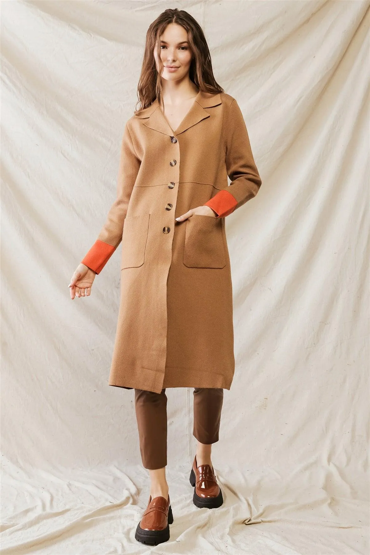 Brown Button Closure Two Pocket Collared Neck Coat /3-2-1