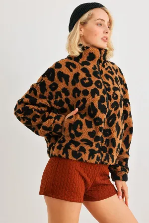 Camel Leopard Teddy Zip-Up Two Pocket Jacket /2-2