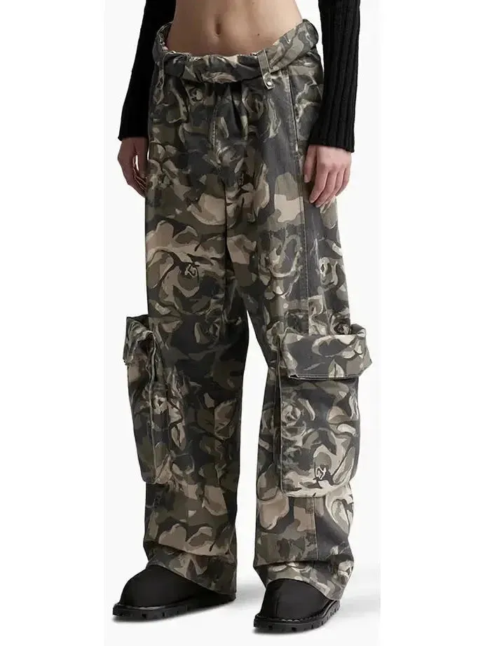 Camouflage Cargo Pants with Rolled Waist