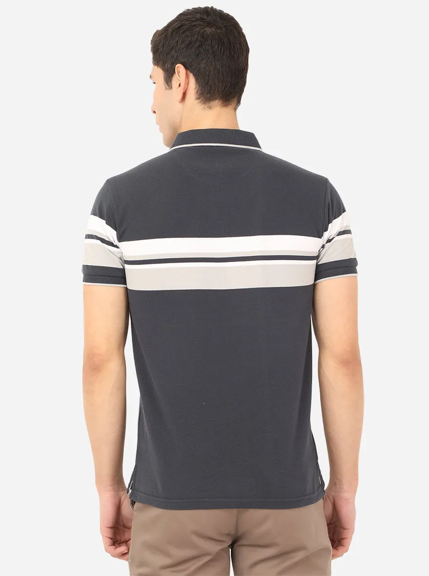 Dark Grey Striped Slim Fit Polo T-Shirt | JadeBlue