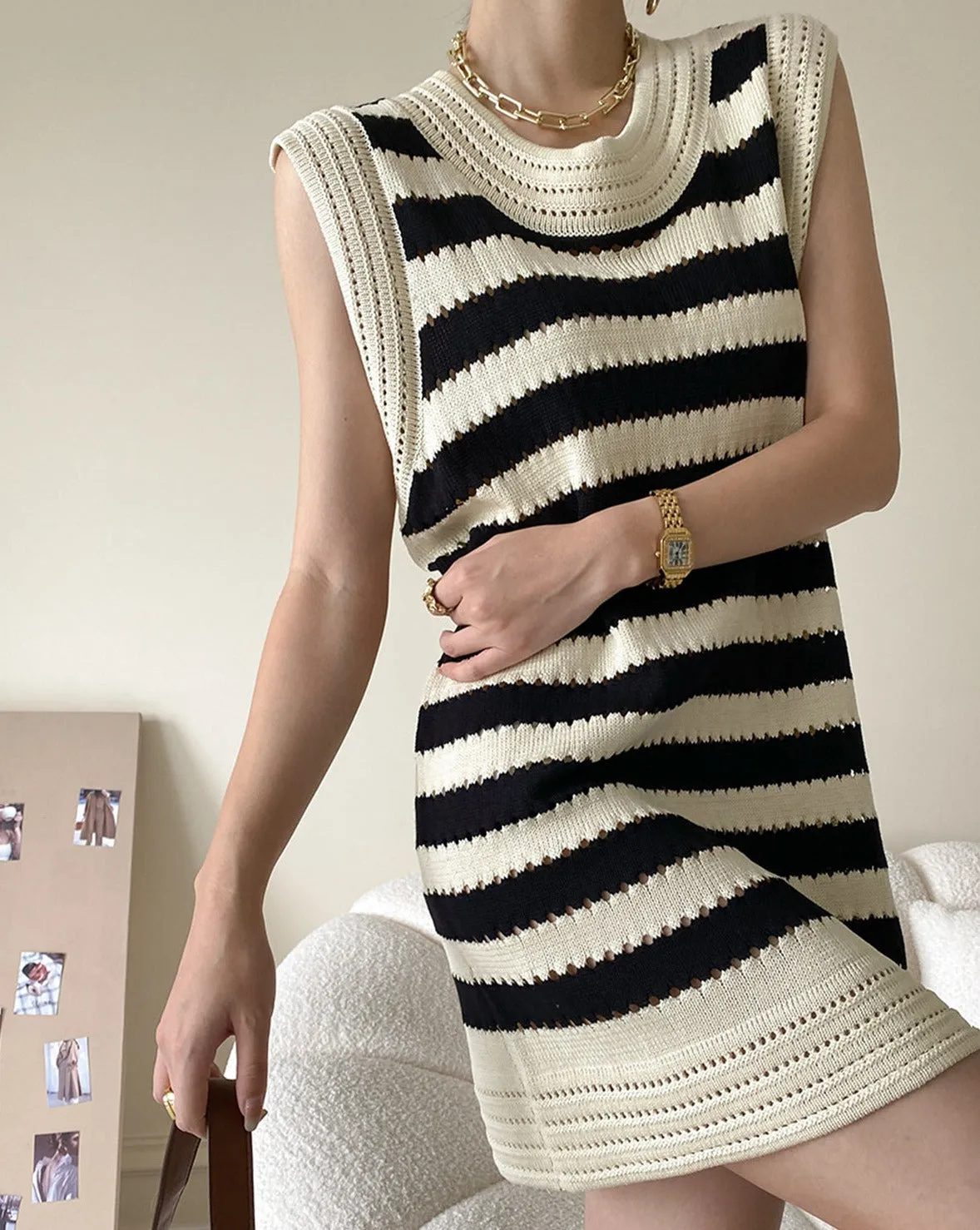 Eyelet Stripe Knit Short Dress