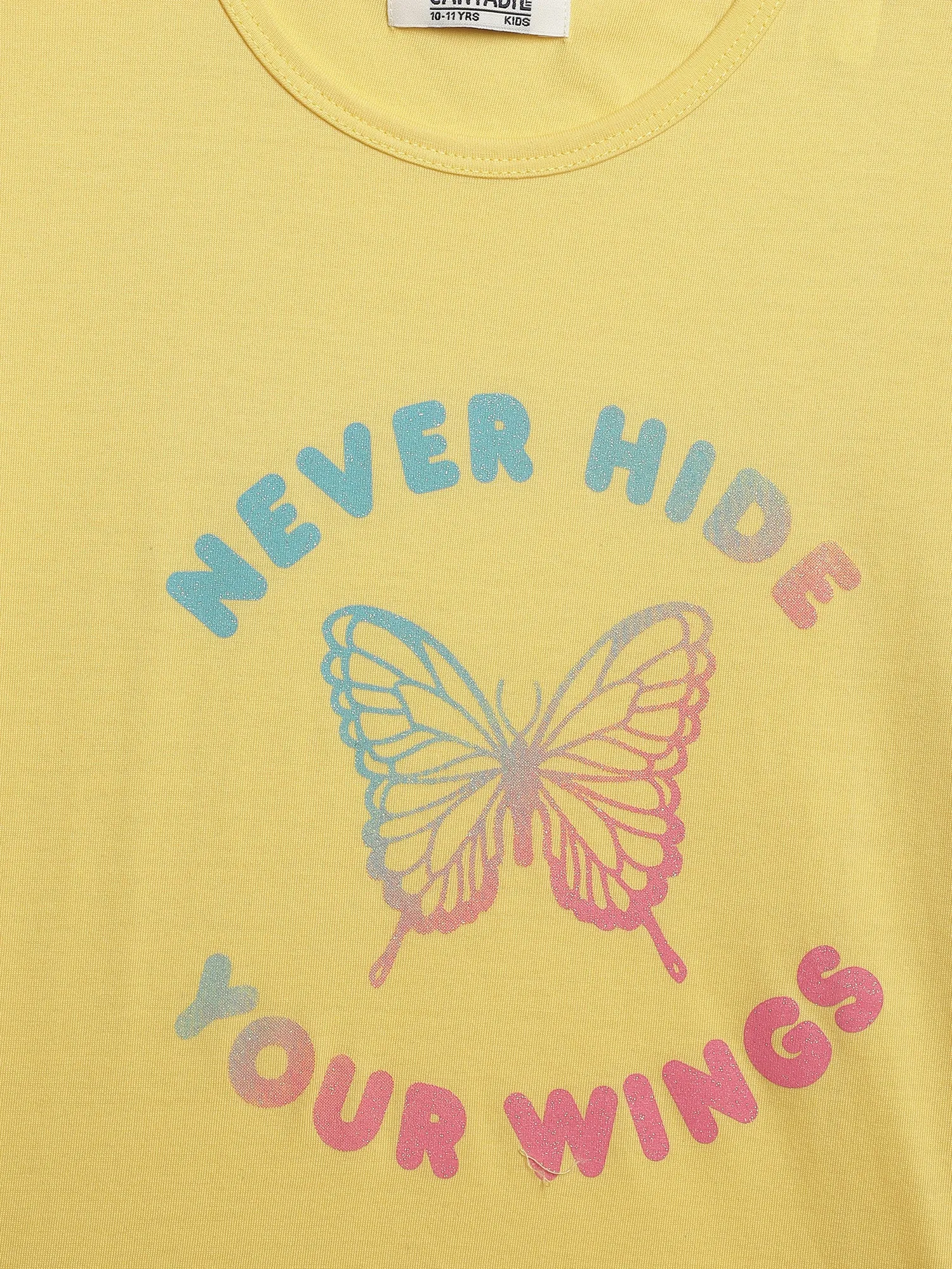 Girls Yellow Round Neck Printed T-Shirt