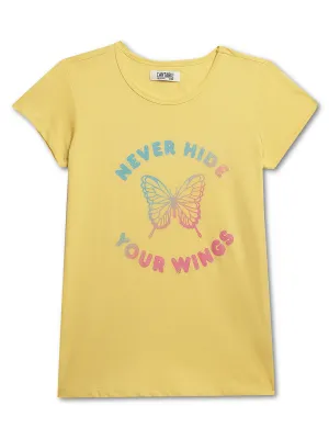 Girls Yellow Round Neck Printed T-Shirt