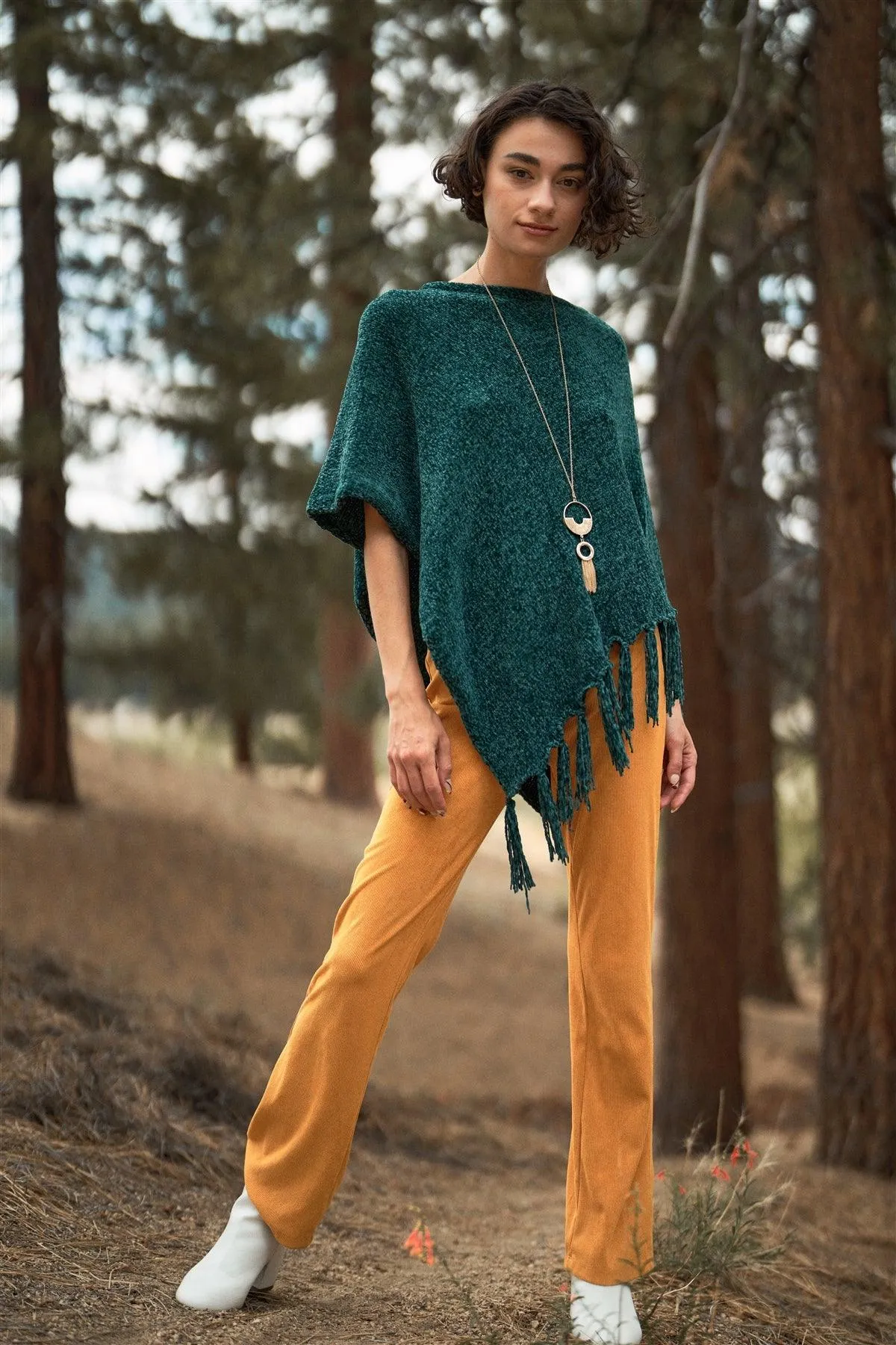 Green Chenille Knit Tassel Fringe Side Trim Poncho