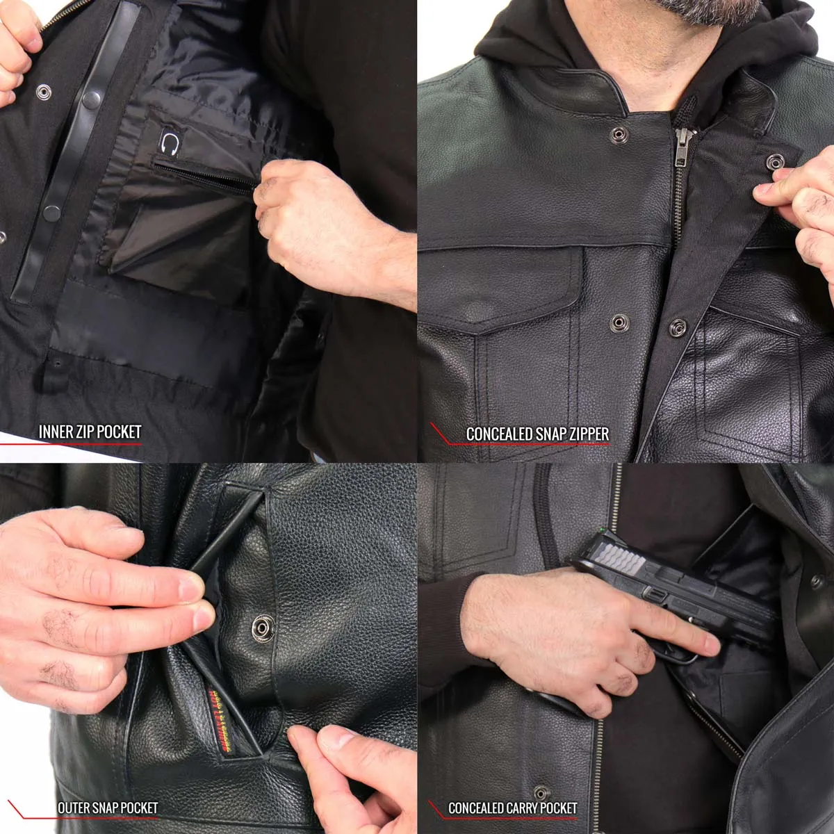 Hot Leathers VSM1202 Men's Black '2-in-1' Conceal and Carry Leather Vest with Hoodie