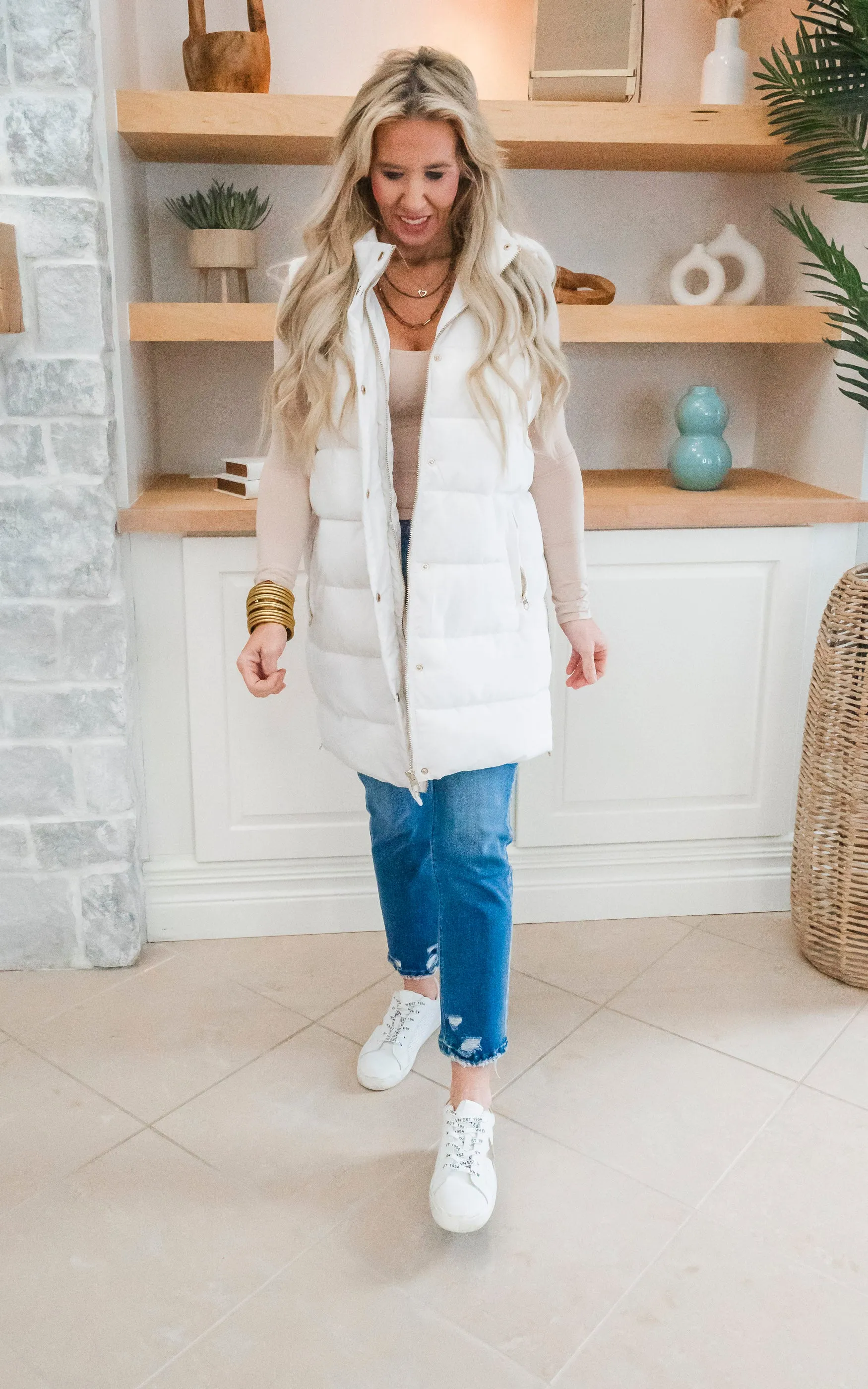 Ivory Long Hooded Puffer Vest - Final Sale