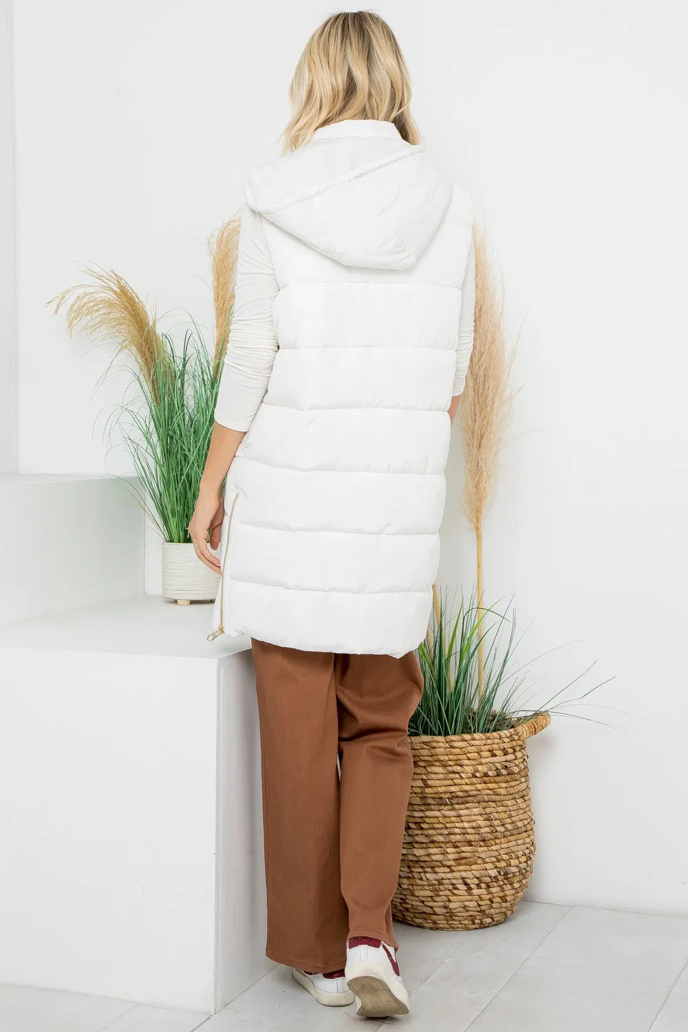 Ivory Long Hooded Puffer Vest - Final Sale