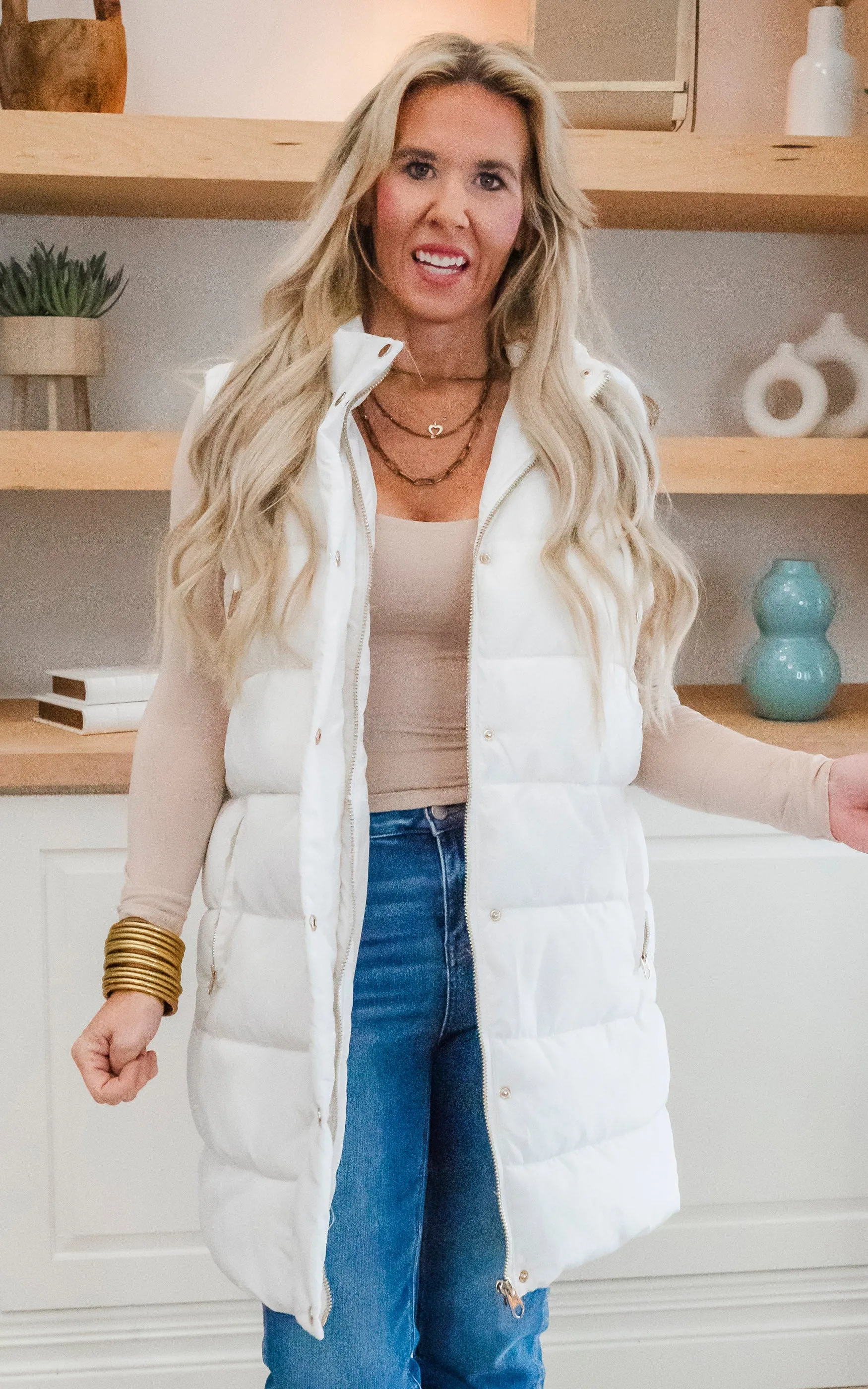 Ivory Long Hooded Puffer Vest - Final Sale