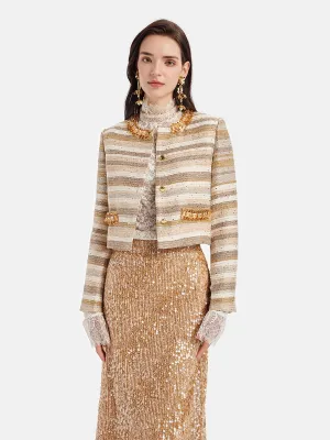 Jacquard Beaded Metallic Tweed Coat