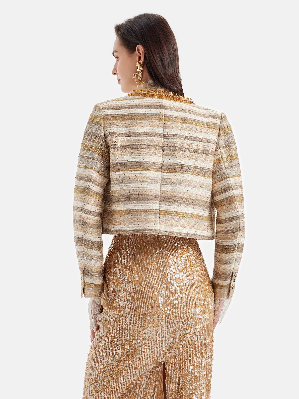 Jacquard Beaded Metallic Tweed Coat