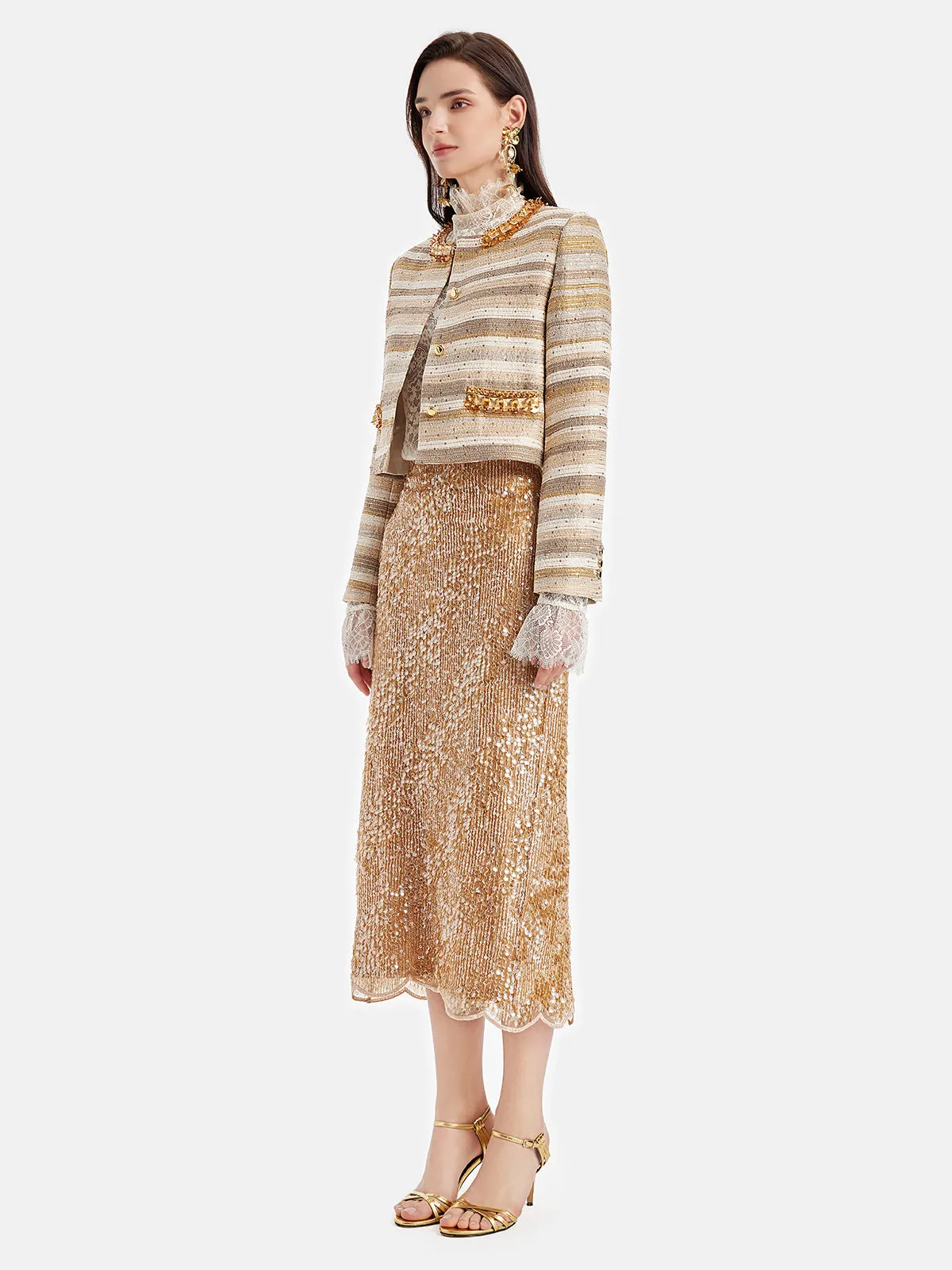 Jacquard Beaded Metallic Tweed Coat