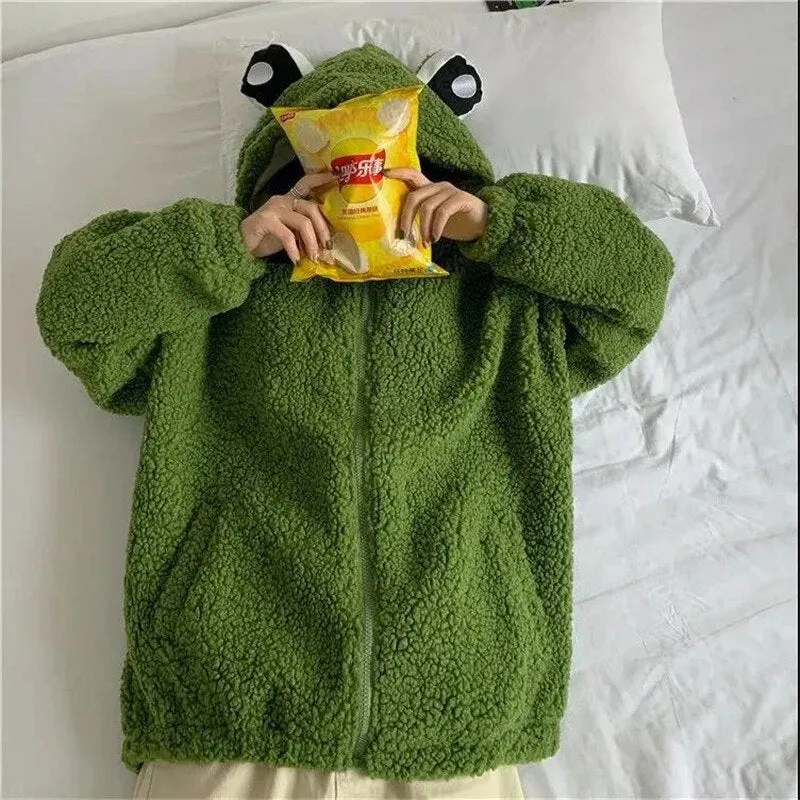 Joskaa Christmas Gift Frog Eyes Hooded Sweatshirt 2024 Autumn Winter Zip-up Plush Fleece Oversized Hoodies Women Thicken Keep Warm Kawaii Outwear Tops