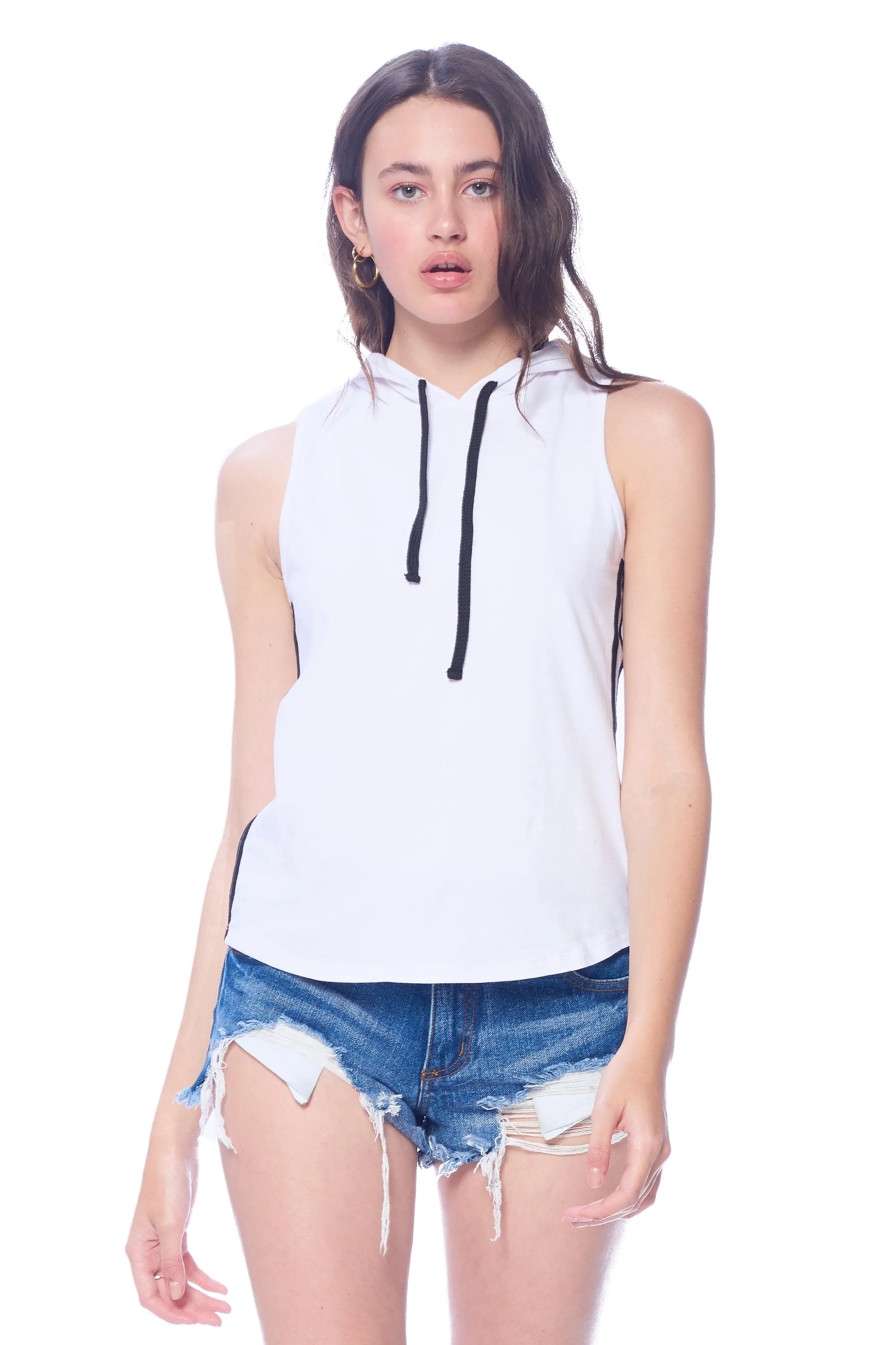 Khanomak Women's Varsity Side Stripe Solid Hoodie Sleeveless Shirt Top