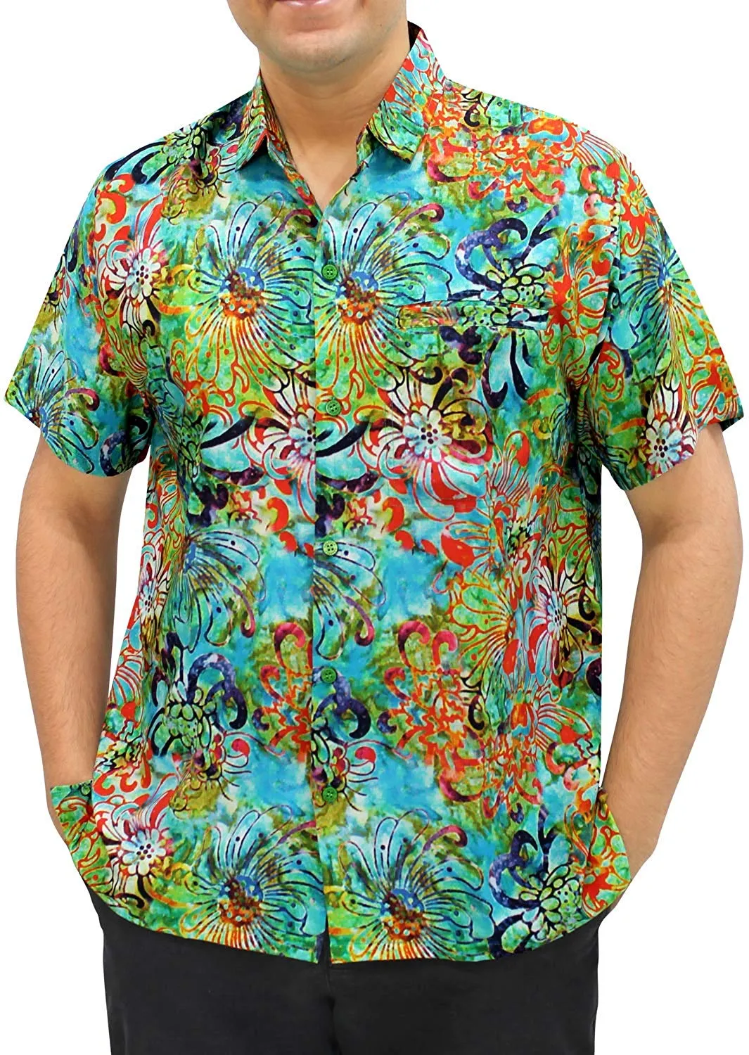 LA LEELA Shirt Casual Button Down Short Sleeve Beach Shirt Men Aloha Pocket 224