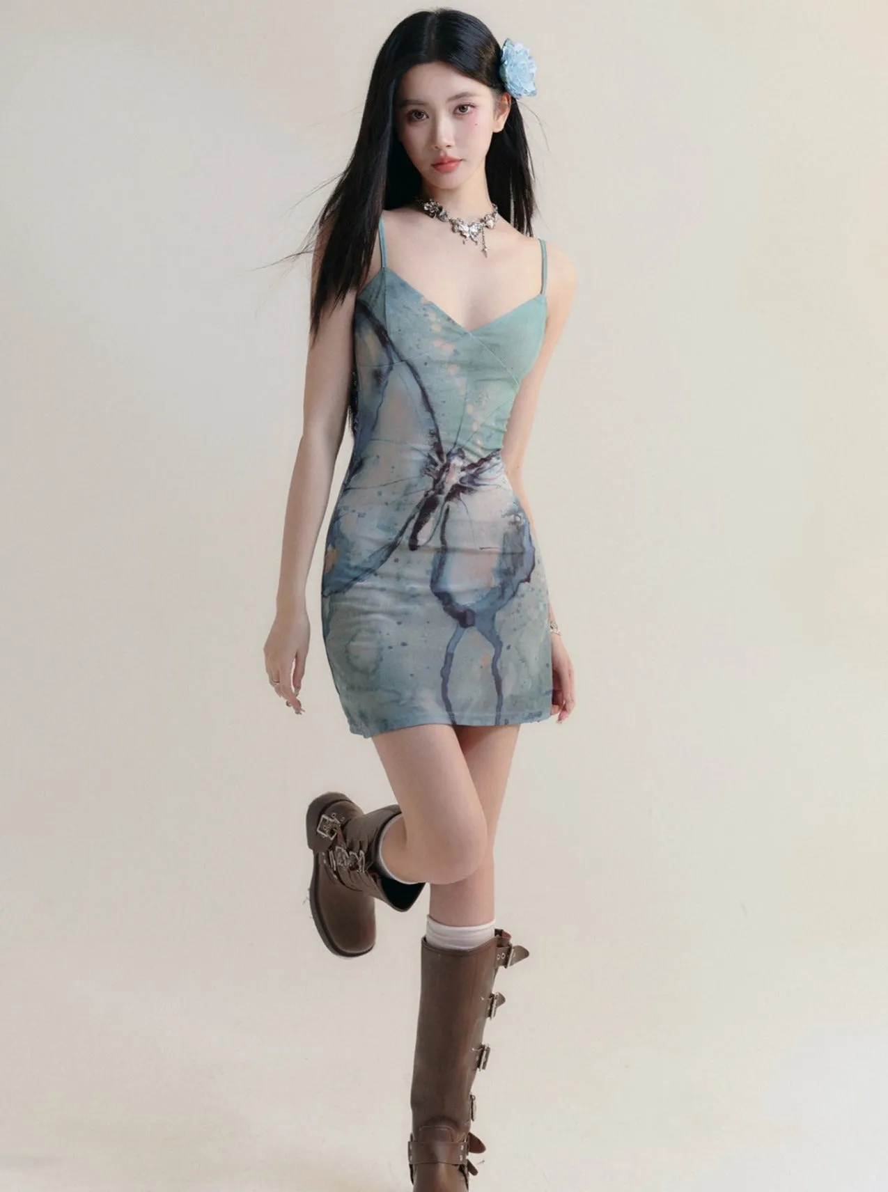 Marble Print Spaghetti Strap Mini Dress