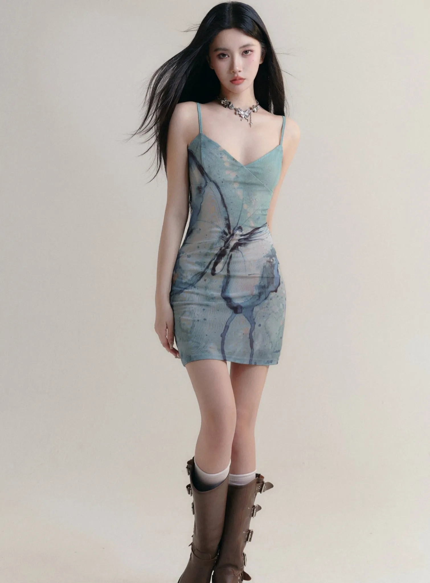 Marble Print Spaghetti Strap Mini Dress