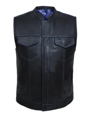 Men's Club Style SOA Leather Motorcycle Vest with Blue Paisely Lining #6665.03