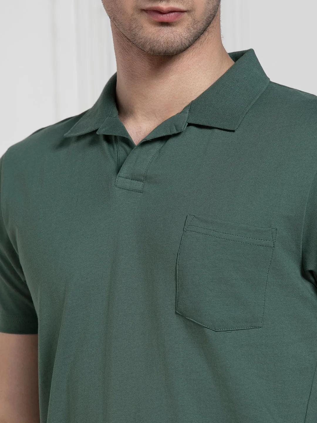 Men's Olive Polo Collar Solid Regular Fit T-Shirt