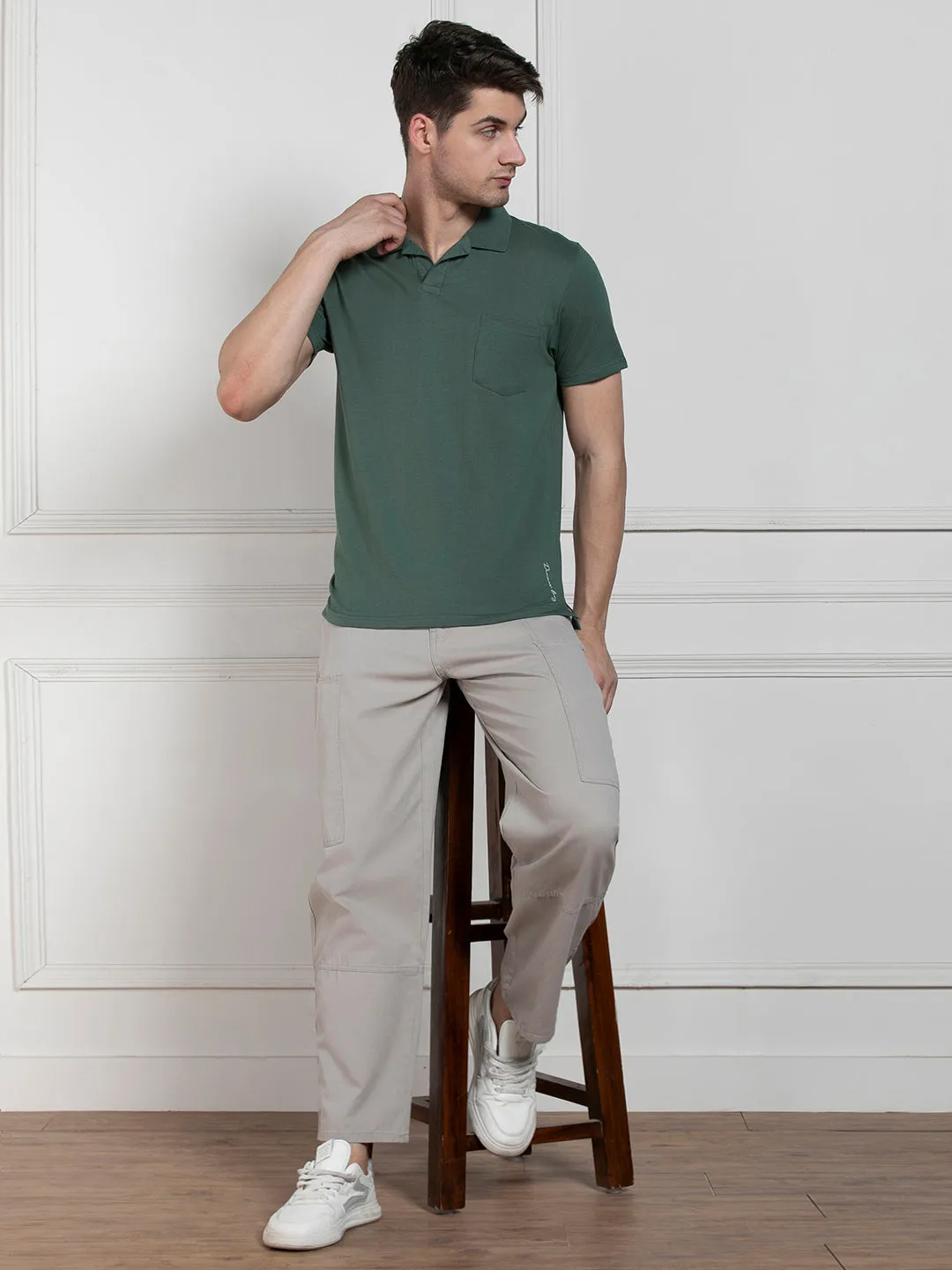 Men's Olive Polo Collar Solid Regular Fit T-Shirt