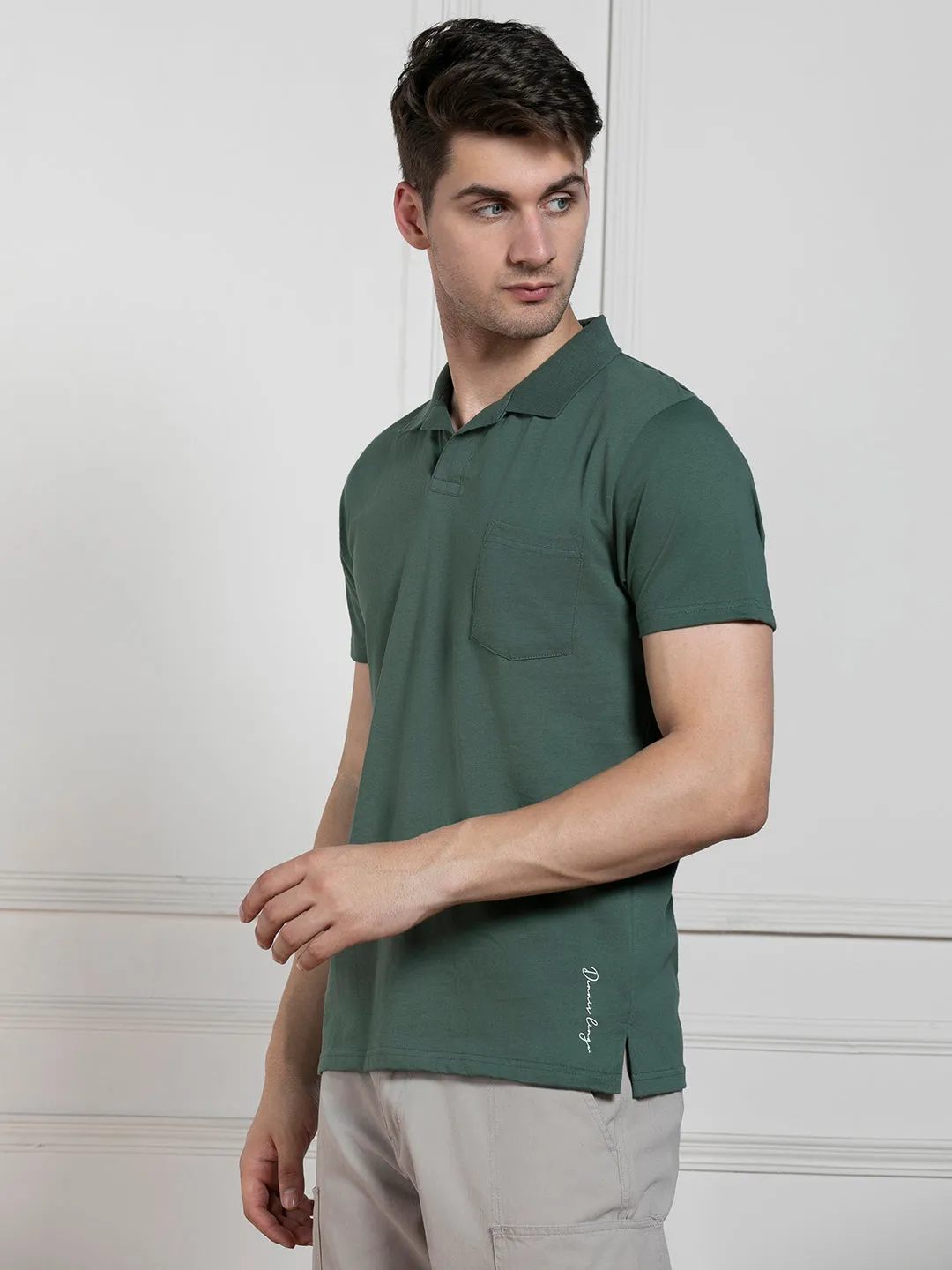 Men's Olive Polo Collar Solid Regular Fit T-Shirt