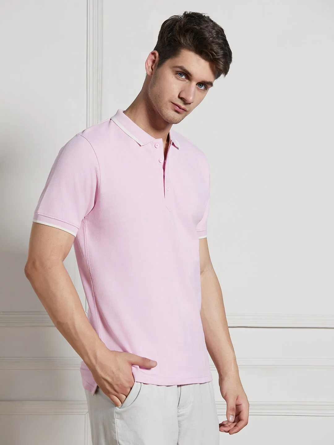 Men's Pink Cotton Regular Fit Polo T-Shirt