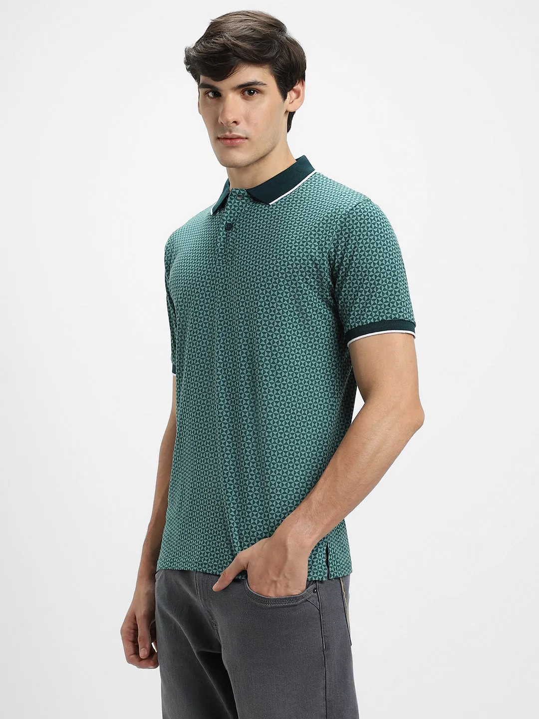 Men's Spread Collar Regular Fit Aop Teal T-shirt