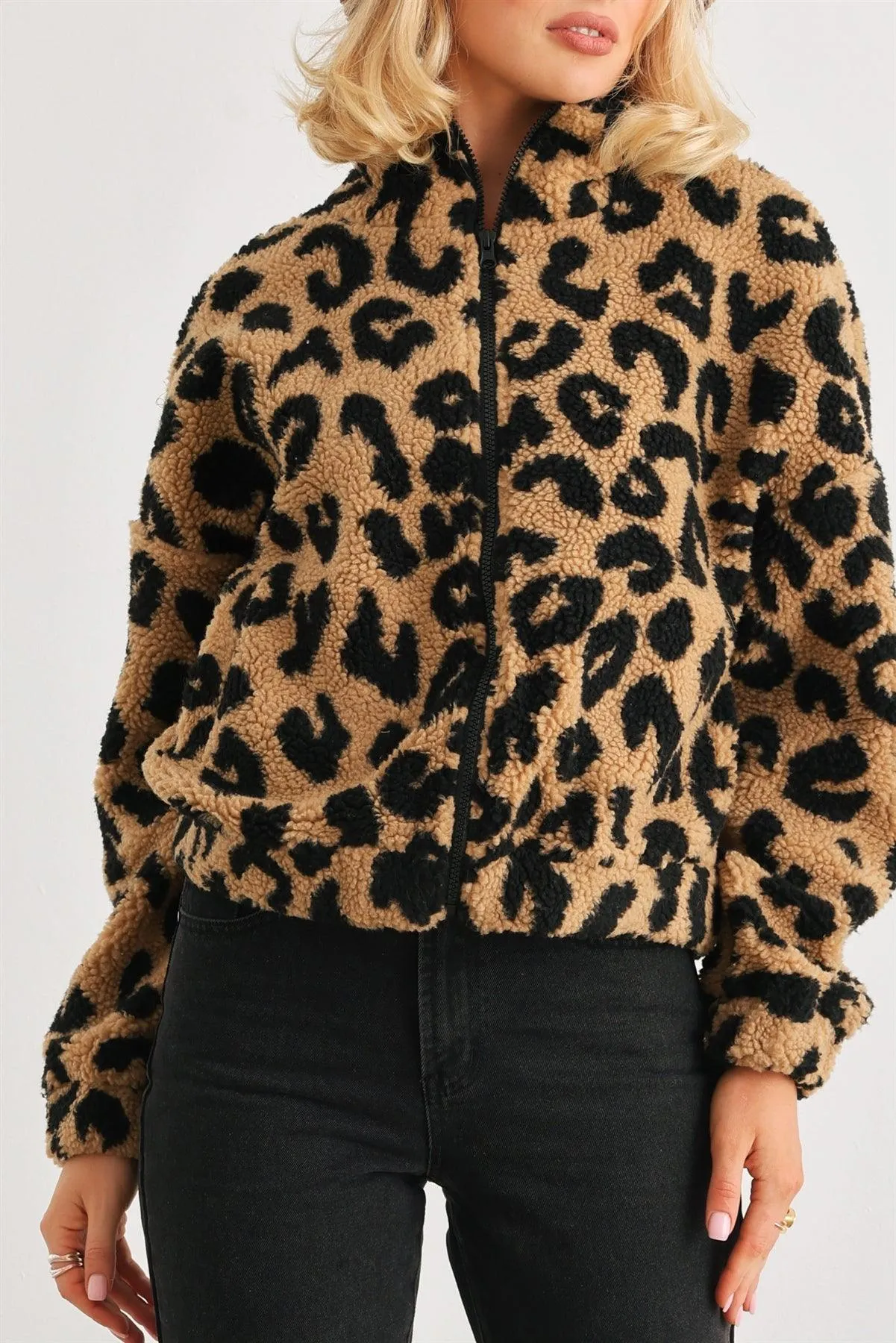 Mocha Leopard Teddy Zip-Up Two Pocket Jacket /2-2-2