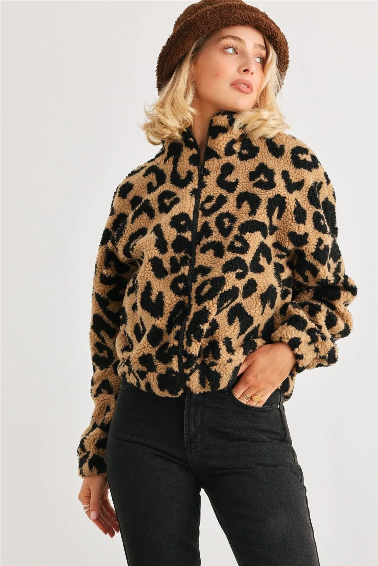 Mocha Leopard Teddy Zip-Up Two Pocket Jacket /2-2-2