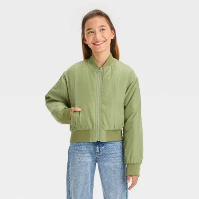 Open Box - Girls' Cropped Bomber Jacket - art class Olive Green S