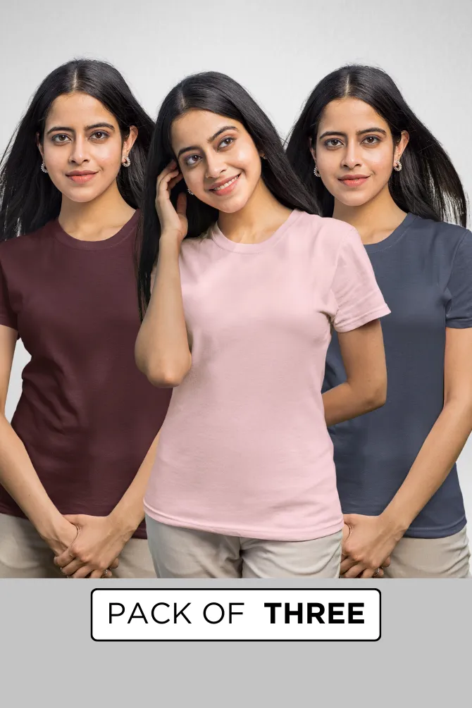 Pack Of 3 Plain T-shirts Light Pink Maroon and Navy Blue for Women