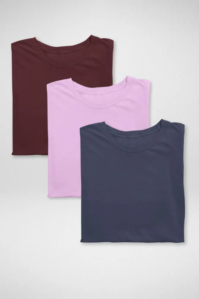 Pack Of 3 Plain T-shirts Light Pink Maroon and Navy Blue for Women