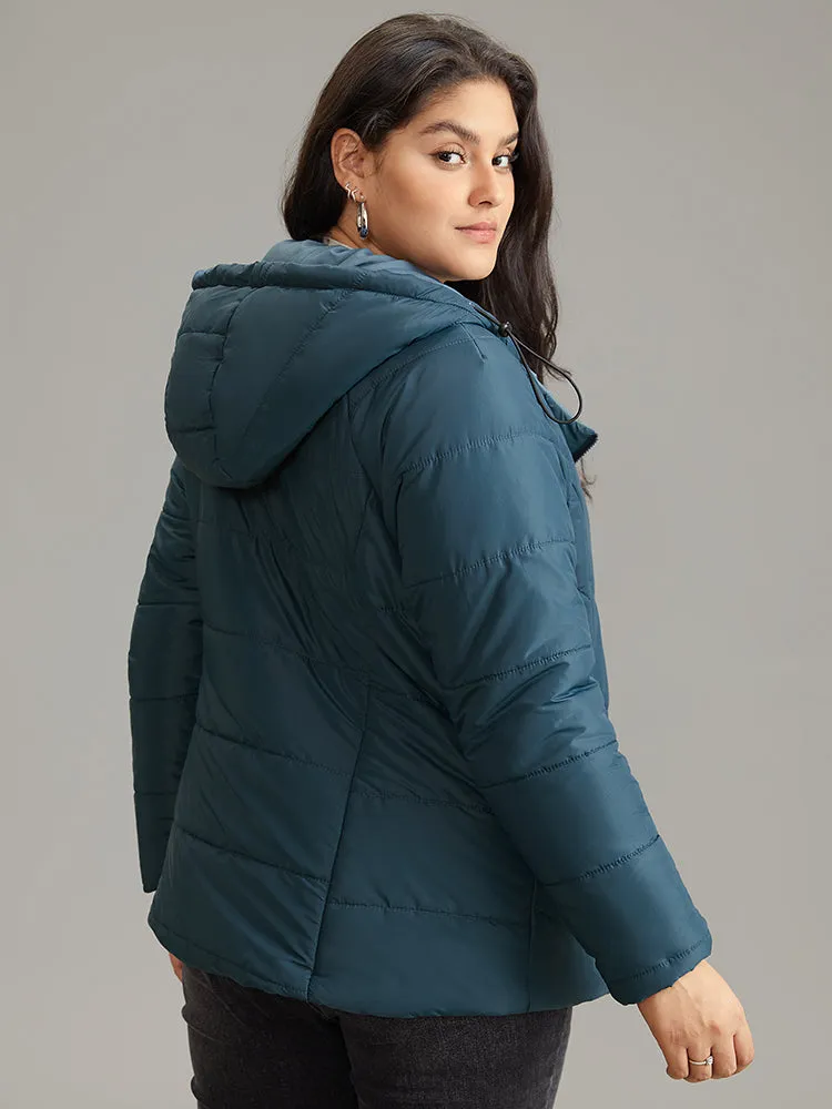 Plain Drawstring Padded Zipper Pocket Hooded Jacket